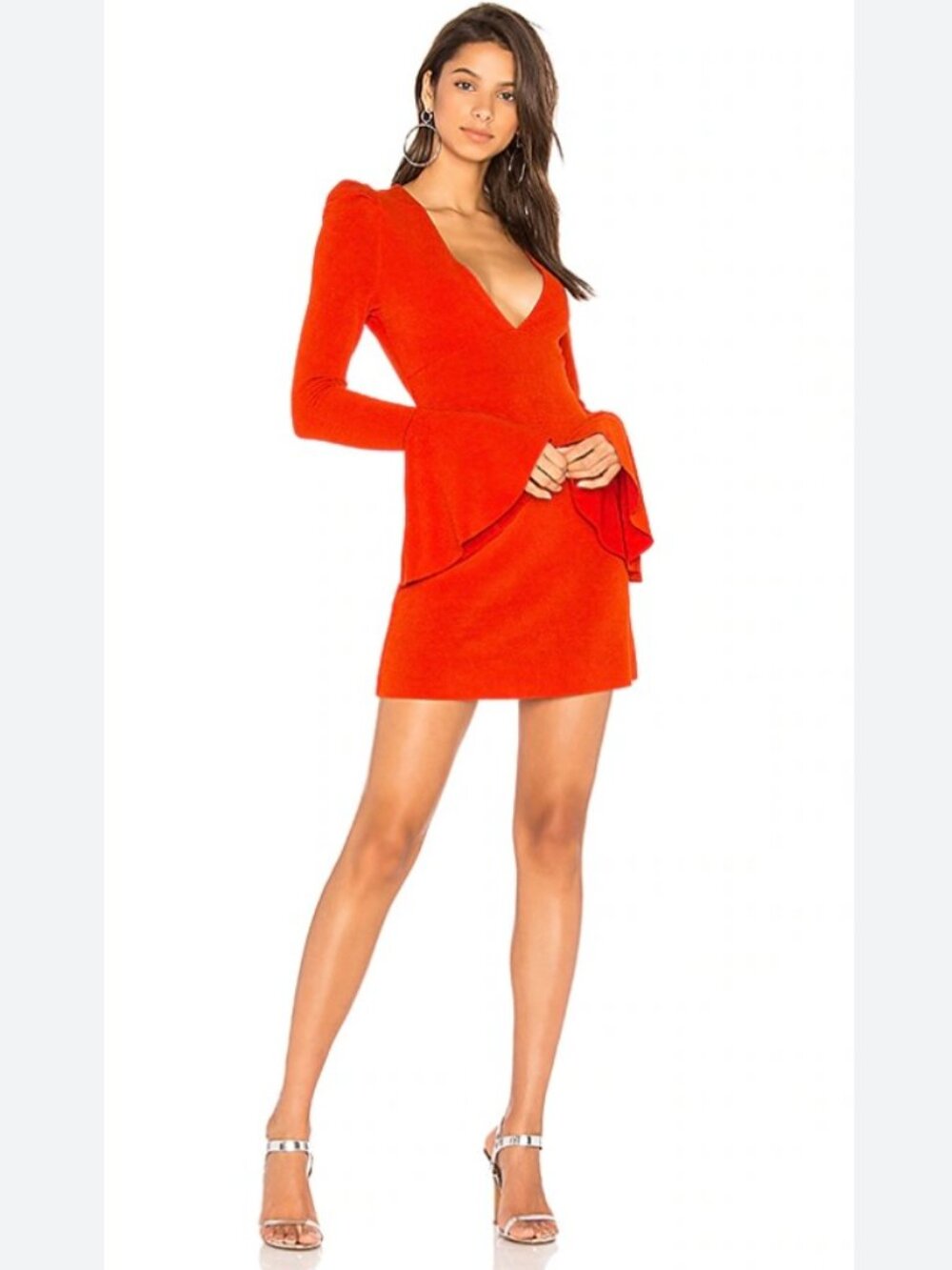 Free People Hot Mini Dress in Red Orange w/ Bell Sleeves & Plunge V-Neck XS
